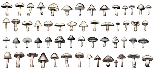 Vintage mushroom sketches set on transparent background. mushroom png bundle