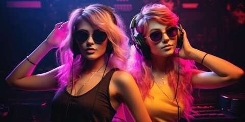 Dual 80s Groove: Two women, shades on, rocking headphones, channeling the electric vibes of the iconic 80s era