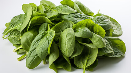 Close-up of fresh spinach leaves on a white background.