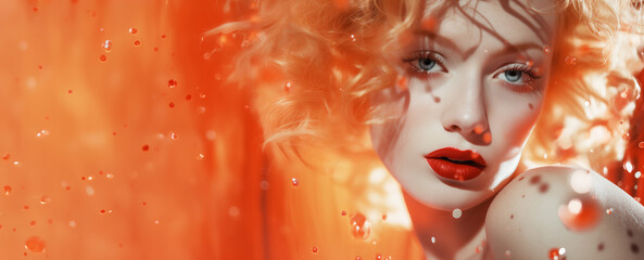Golden-haired woman with red lips. Amidst golden and red sparkles. Valentine's Day vibes. Image for poster retro-themed event or party. Lookbook photography, fashion poster. Banner with copy space.