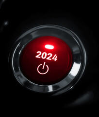 Fototapeta premium 2024 New Year Push Button in Red Color with glowing light and text on it, backdrop design