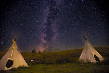 Milky Way Galaxy with Teepees at Grasslands National Park