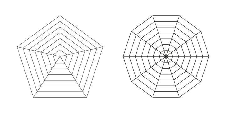 Pentagon graph. Set of polygon radar spider templates. Spider mesh. Collection of blank radar charts. Flat web diagrams for statistic, analytics. Vector outline illustration. Eps.