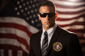 Serious police man american army general soldier CIA made with Ai generative technology - obrazy, fototapety, plakaty