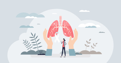 Tuberculosis awareness or TB lung bacterial infection tiny person concept. Respiratory illness with medical pathology vector illustration. Bronchitis, asthma, cancer or bronchial health condition. - obrazy, fototapety, plakaty