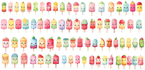 Watercolor kawaii cartoon character popsicle set on transparent background. popsicle png
