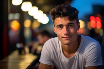 Generative AI portrait of young person sitting dreamy in aroma cafeteria enjoying morning coffee