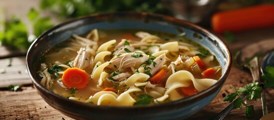 Chicken noodle soup served in a bowl.