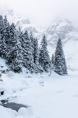 Winter snowy landscape scenery at Morskie Oko in Tatra Mountains, Poland