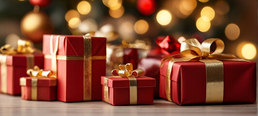 Christmas gift boxes with gold ribbons on bokeh lights background