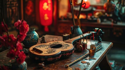 A close-up of a richly decorated Chinese musical instrument table with traditional elements and intricate details in a warm, inviting setting.
