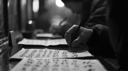 A monochromatic image capturing the delicate art of Chinese calligraphy, with focus on the hand writing characters on paper.
