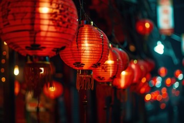 Fototapeta premium Rows of red paper lanterns glowing in the dark with Chinese characters