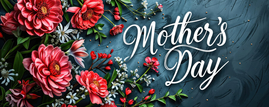 Lush red flowers frame an elegant handwritten "Mother's Day" lettering on a textured background.