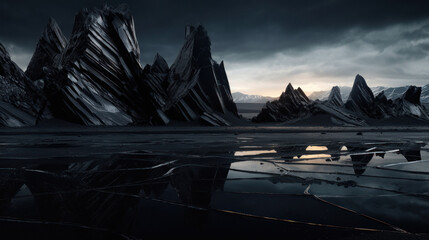 a wide panoramic black crystal landscape.