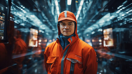 Young male engineer or worker standing confidently at factory