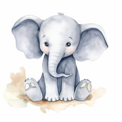Watercolor cute baby elephant on white background