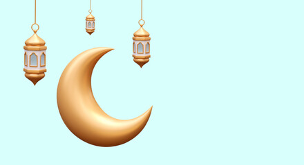 Realistic illustration with metal texture. Golden crescent, hanging Arabic lanterns. Islam holiday. Concept on blue background, place for text, addresses, date