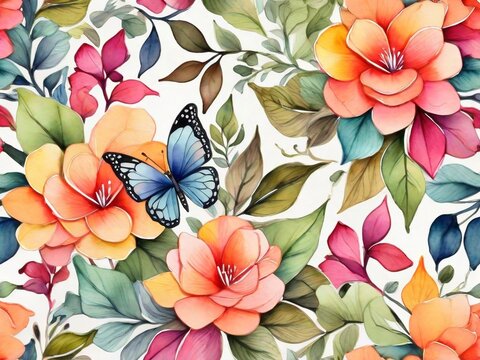 free photo watercolor seamless pattern with flowers and butterflies