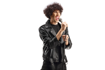 Fototapeta na wymiar Singer in a leather jacket singing on a microphone