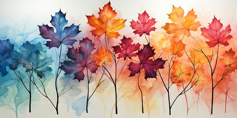 Watercolor abstract background autumn collection with maple and seasonal leaves