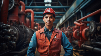 Fototapeta na wymiar Young male engineer or worker standing confidently at factory