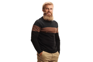 Man with blond beard and mustaches wearing a black turtle neck jumper