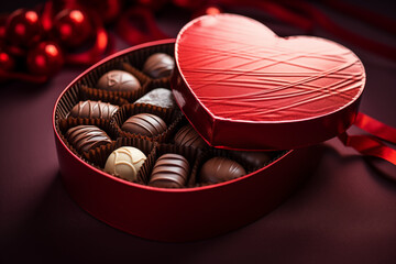 AI Generated Image of high angle of chocolate in a red heart shaped box placed on red table near blurred red balls - Powered by Adobe