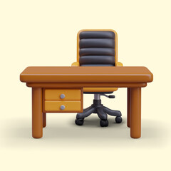 Empty wooden desk with drawers, ergonomic office chair. Concept of workplace of clerk, manager, boss. Vector realistic illustration on yellow background