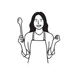 A long-haired female illustration of an apron holding a cookware. A hand-drawn line illustration.