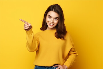 Fototapeta premium Portrait of a happy young woman pointing gesture on isolated yellow background generative AI