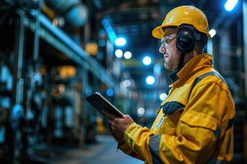 An industrial worker in a yellow hard hat and safety glasses uses a tablet to monitor and manage operations.