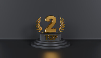 Top 2 podium award sign golden with podium on Black Background