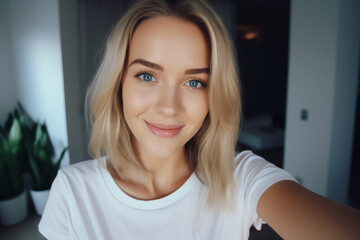 happy young woman taking a selfie generative AI