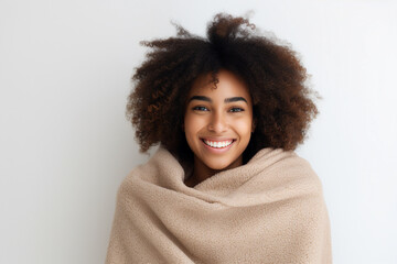 Generative ai image of cheerful positive person wrapped in blanket isolated on grey color background
