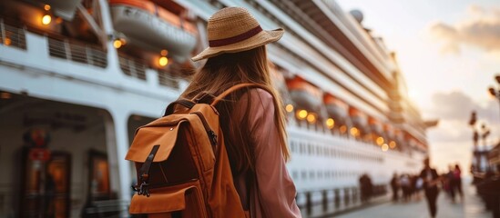 Tourist girl standing in front of cruise ship, backpack and hat. - obrazy, fototapety, plakaty