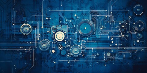 Abstract technology background with circuit board and gear wheels. 3D rendering - Powered by Adobe