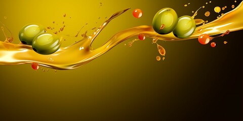 Vector illustration of green olives and juice splash on yellow background