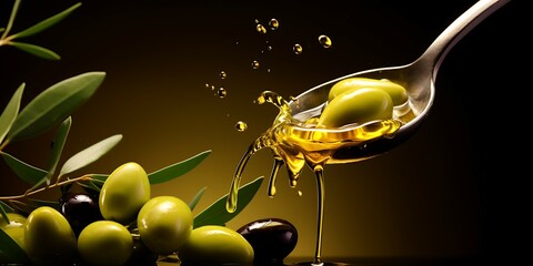 Olive oil pouring into a spoon and olives on a black background