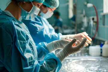 female doctors washing their hands in the operating room - obrazy, fototapety, plakaty