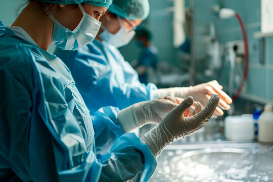 female doctors washing their hands in the operating room