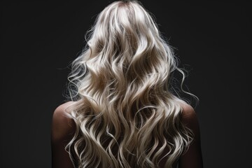 Fototapeta premium Young blonde woman with beautiful hair on a dark background, rear view.