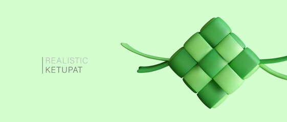 Concept of national Arabic dish. 3D ketupat on green background. Horizontal banner with place for text. Advertising template of restaurant of oriental cuisine