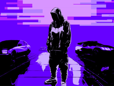 Single Person of Rapper Standing on Street with Light Glitches, Purple Tone, Generative AI Based Cel Vector Art