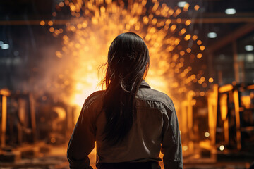 Fototapeta premium Picture of woman on industry factory manufacturing iron and welding metal light sparks generative AI