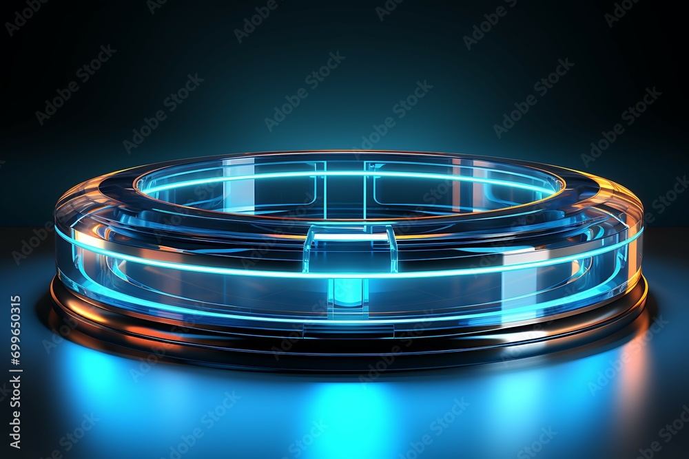 Poster 3d rendering of a round podium with a blue neon light in the blur background