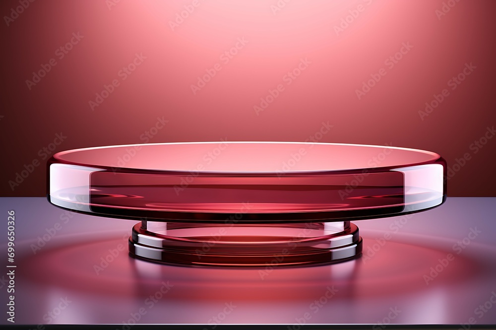 Poster empty round podium on a red background. 3d illustration. side view