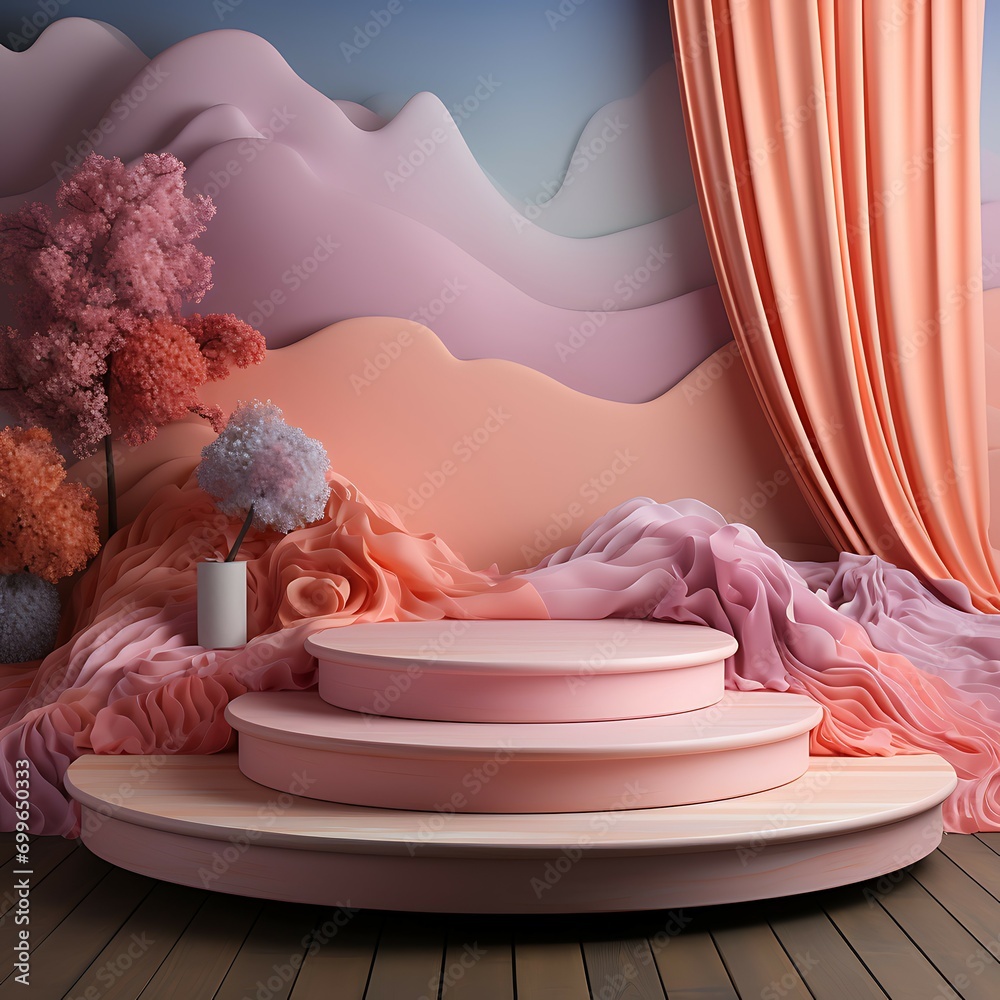 Poster 3d render of podiums with pink fabric and flower in the background