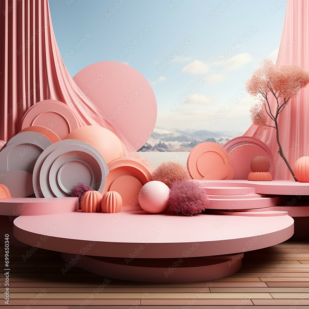 Poster 3d render, abstract minimal scene with podium, pedestal or platform