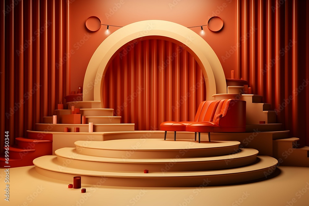 Poster podium with red curtains and armchair. 3d render